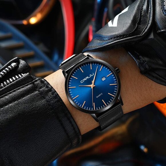 Men's Black Blue Gold  Minimal Casual Waterproof Stainless Steel Mesh Band Watch - Picture 2 of 5